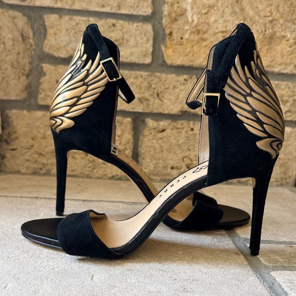 Katy Perry The Alexann Wing Heels Black Velvet Gold Open Toe Ankle Strap 8